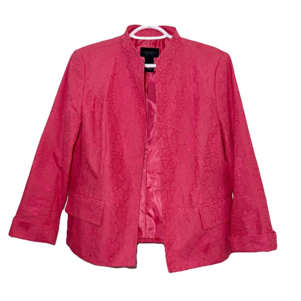 Investments Petites 12P Pink Floral Jacquard Open Front Career Jacket Blazer